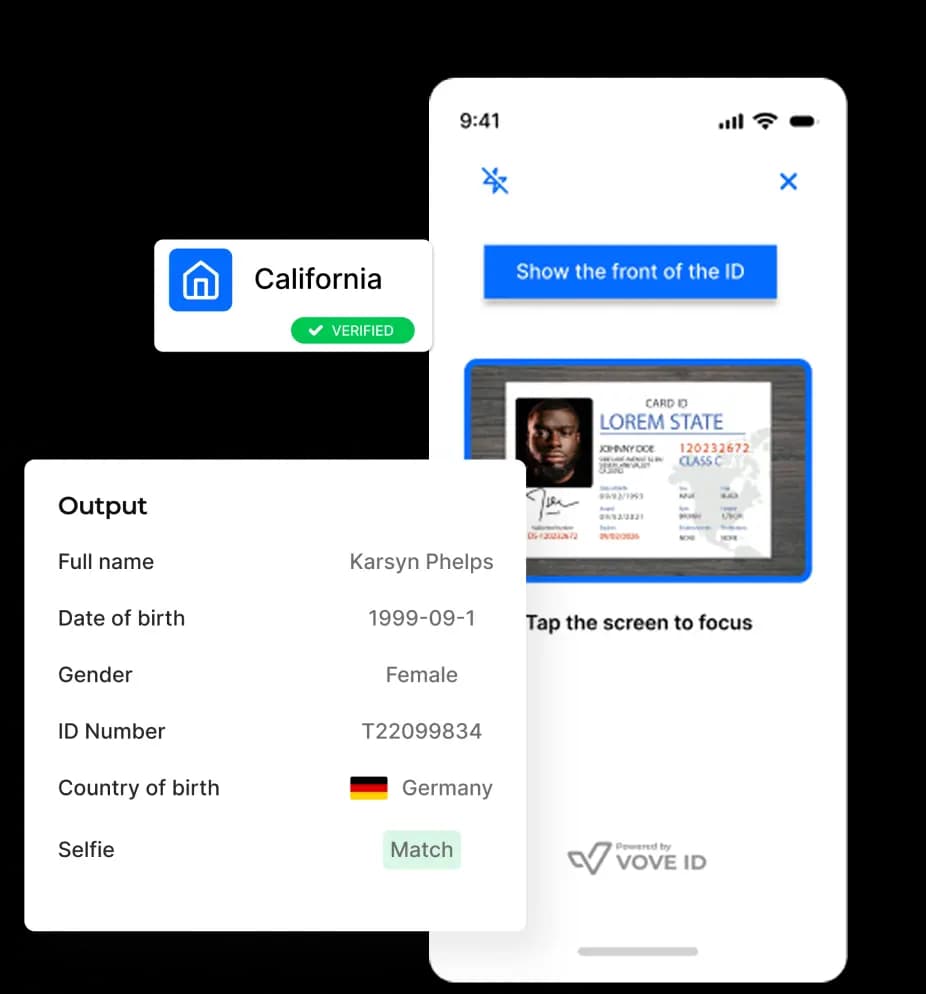 A composite image showing a smartphone and two data boxes. The phone screen shows a prompt to 'Show the front of the ID' with a placeholder ID card. The data boxes display a 'Verified' status for California and extracted information from the ID, including name, date of birth, gender, and a selfie match.
