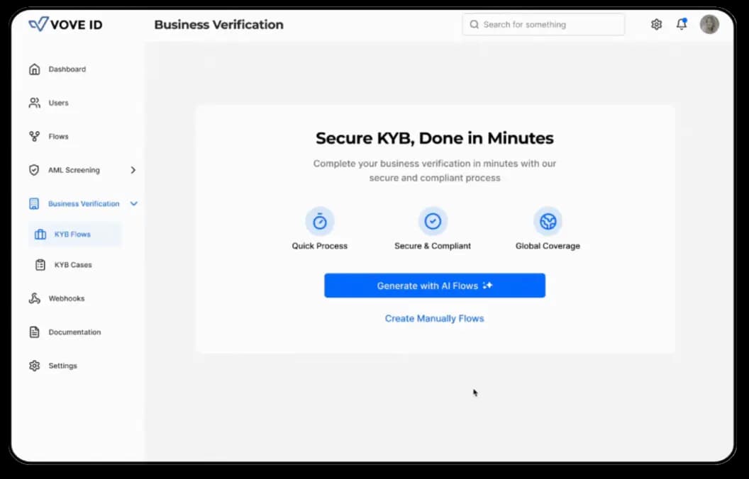 A screenshot of a web dashboard for VOVE ID's business verification service. The page is titled Business Verification and highlights a secure KYB (Know Your Business) process with options for AI-generated or manual flows.